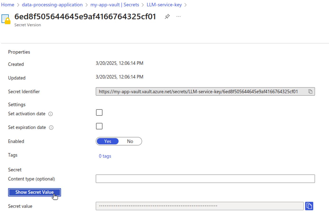 Azure Key Vault UI showing how to view the value of a selected secret.