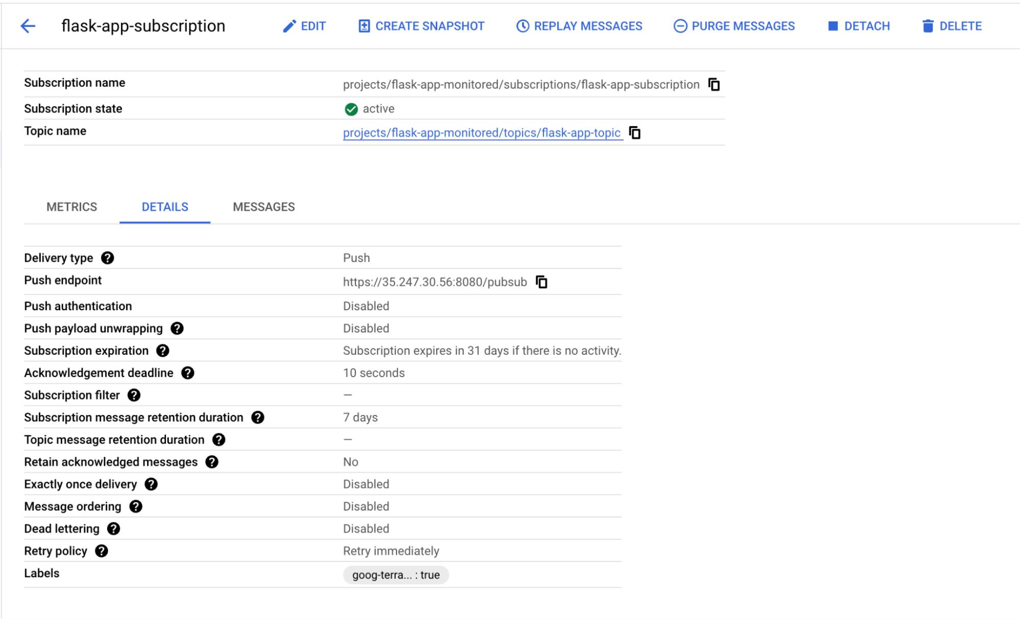 The GCP Pub/Sub Console UI showing current topic subscribers.