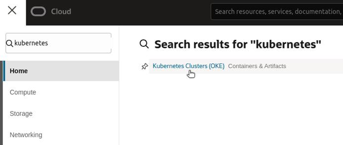 Oracle Cloud console showing search result for Kubernetes Clusters (OKE) service.